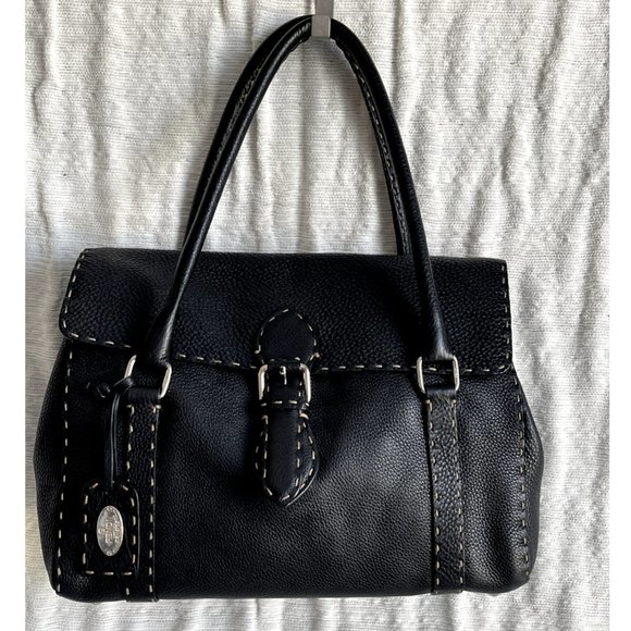 Fendi Selleria Linda Med. Satchel in Black Pebble Grain Leather w/Running Stitch